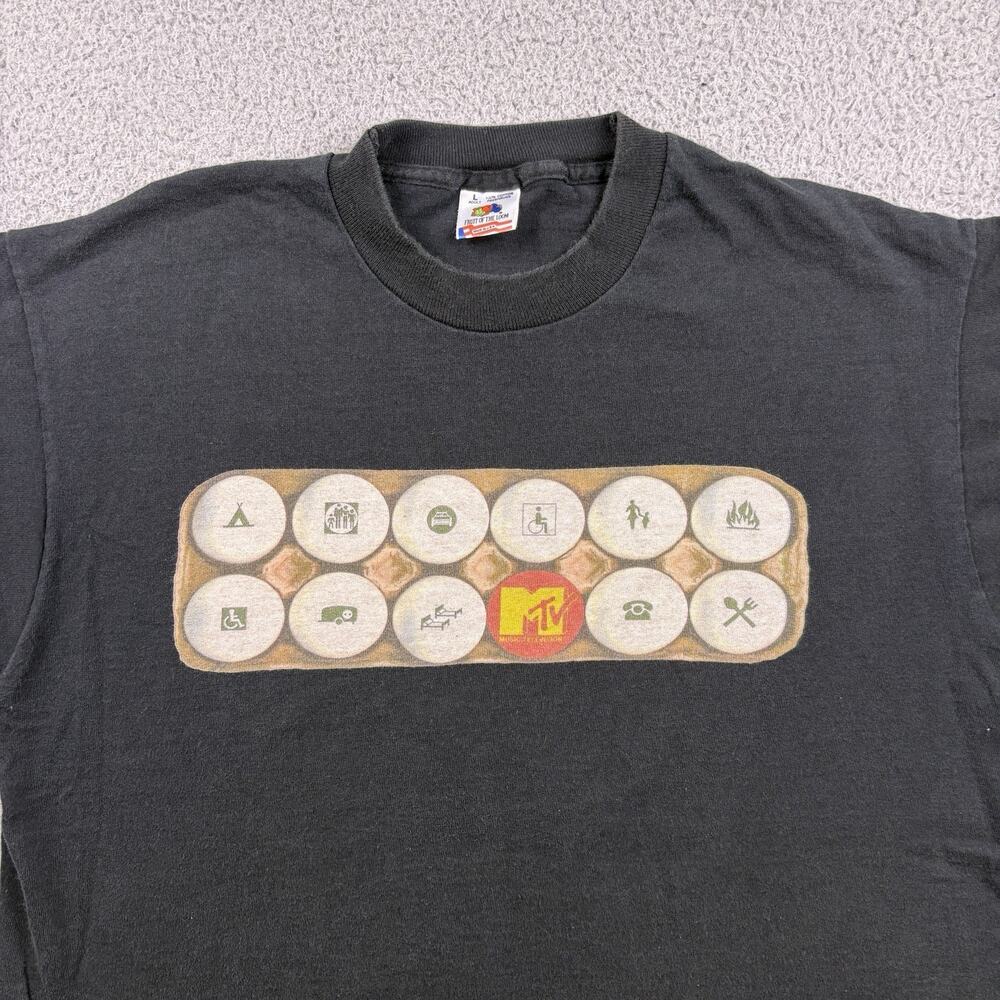 VTG MTV Shirt Mens L Black USA Fruit The Loom Pre Shrunk Egg Single Stitch 90s - Picture 3 of 12